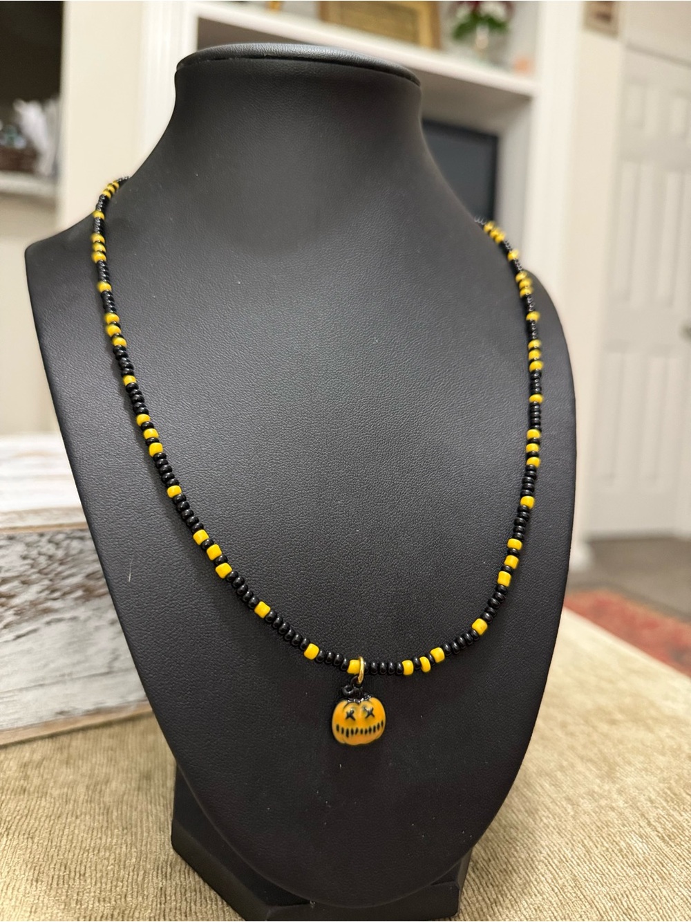 Handmade Black and Yellow Beaded Pumpkin Pendant Necklace